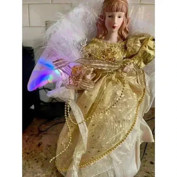 VTG Gold Angel Christmas Tree Topper Light Up WORKING Feather - Picture 4 of 11